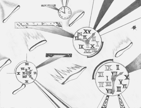 Image of a flying clocks, flaming bologna, and a flying squirrel